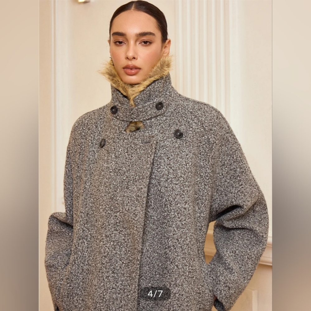 Commense Belted Faux Fur Collar Tweed Coat Oversized M